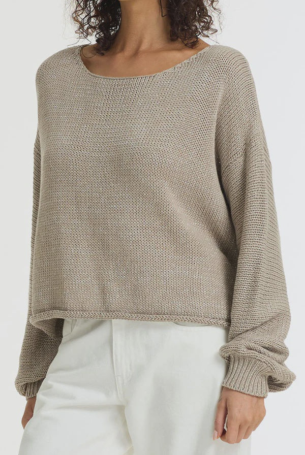  BLAK - The Close Sweater is a light mocha cotton sweater with silver lurex detailing, designed to bring subtle shimmer to everyday knitwear. Knitted from breathable cotton yarn with a chunky textured finish, it has an easy, relaxed shape that feels effortless to wear.