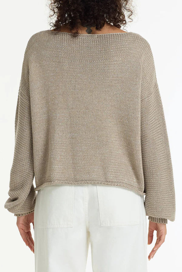  BLAK -The Close Sweater is a light mocha cotton sweater with silver lurex detailing, designed to bring subtle shimmer to everyday knitwear. Knitted from breathable cotton yarn with a chunky textured finish, it has an easy, relaxed shape that feels effortless to wear.