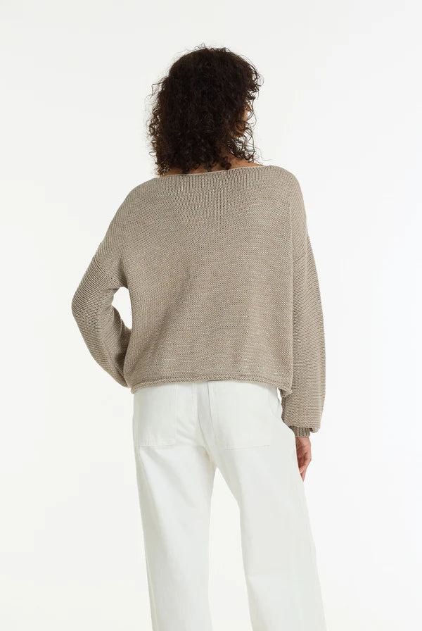  BLAK -The Close Sweater is a light mocha cotton sweater with silver lurex detailing, designed to bring subtle shimmer to everyday knitwear. Knitted from breathable cotton yarn with a chunky textured finish, it has an easy, relaxed shape that feels effortless to wear.