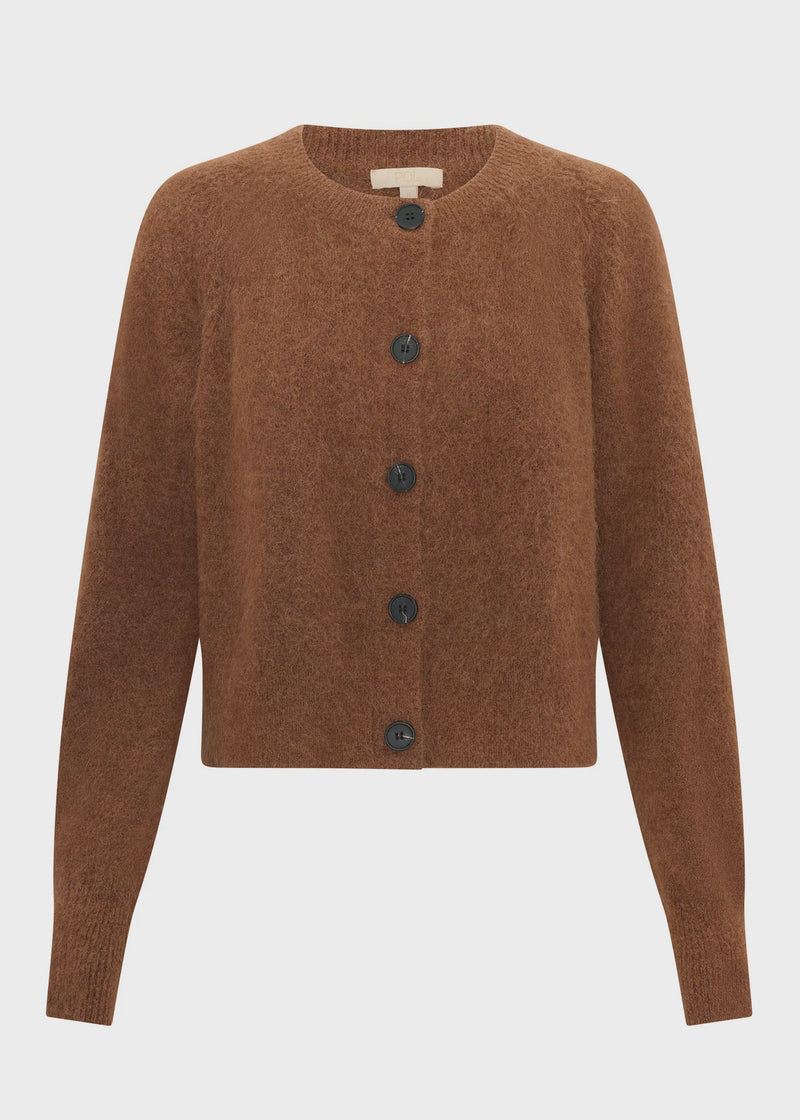 POL Haviland Cardigan in a soft Alpaca wool blend with a textured finish, featuring a modern boxy silhouette, round ribbed neckline, horn button front and raglan sleeves with ribbed cuffs, available in Toffee, Blush and Charcoal