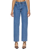 A mid-rise, relaxed straight-leg jean designed to sit below the waist with a more relaxed fit at the thigh and crotch to prevent gaping.&nbsp;It is made from premium European rigid denim in heritage stone-washed blue and features branded anti-silver hardware, T-box print, and back cross embroidery.
