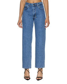 A mid-rise, relaxed straight-leg jean designed to sit below the waist with a more relaxed fit at the thigh and crotch to prevent gaping.&nbsp;It is made from premium European rigid denim in heritage stone-washed blue and features branded anti-silver hardware, T-box print, and back cross embroidery.