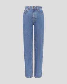 A relaxed straight-leg jean with a high waist, made from premium European rigid denim in a heritage stone-washed blue.&nbsp;It includes classic five-pocket styling, anti-silver branded hardware, and signature T-box and back cross embroidery.