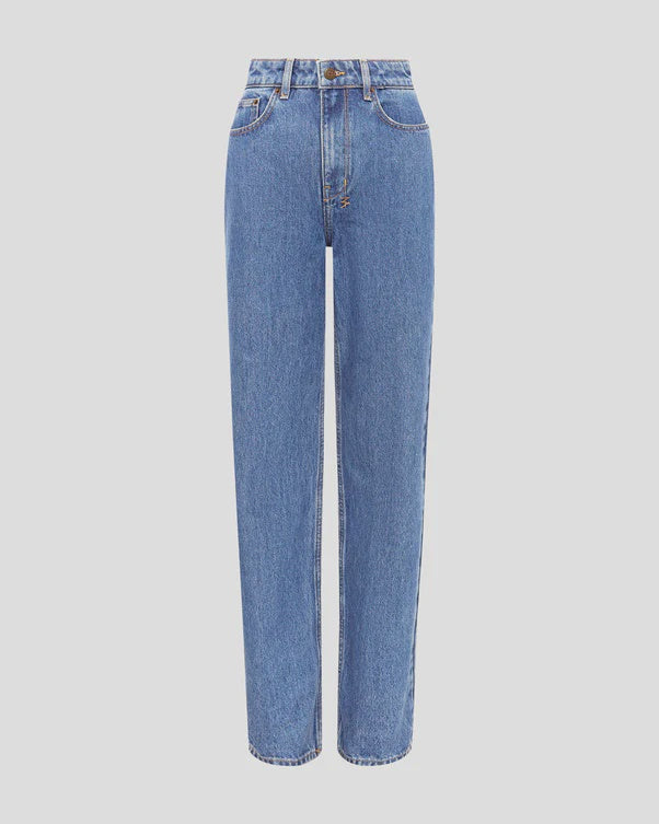 A relaxed straight-leg jean with a high waist, made from premium European rigid denim in a heritage stone-washed blue.&nbsp;It includes classic five-pocket styling, anti-silver branded hardware, and signature T-box and back cross embroidery.