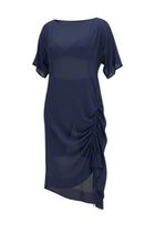 The NES Em Dress – an asymmetrical chiffon dress with ruching and adjustable drawcord. Bold, floaty and NZ made.