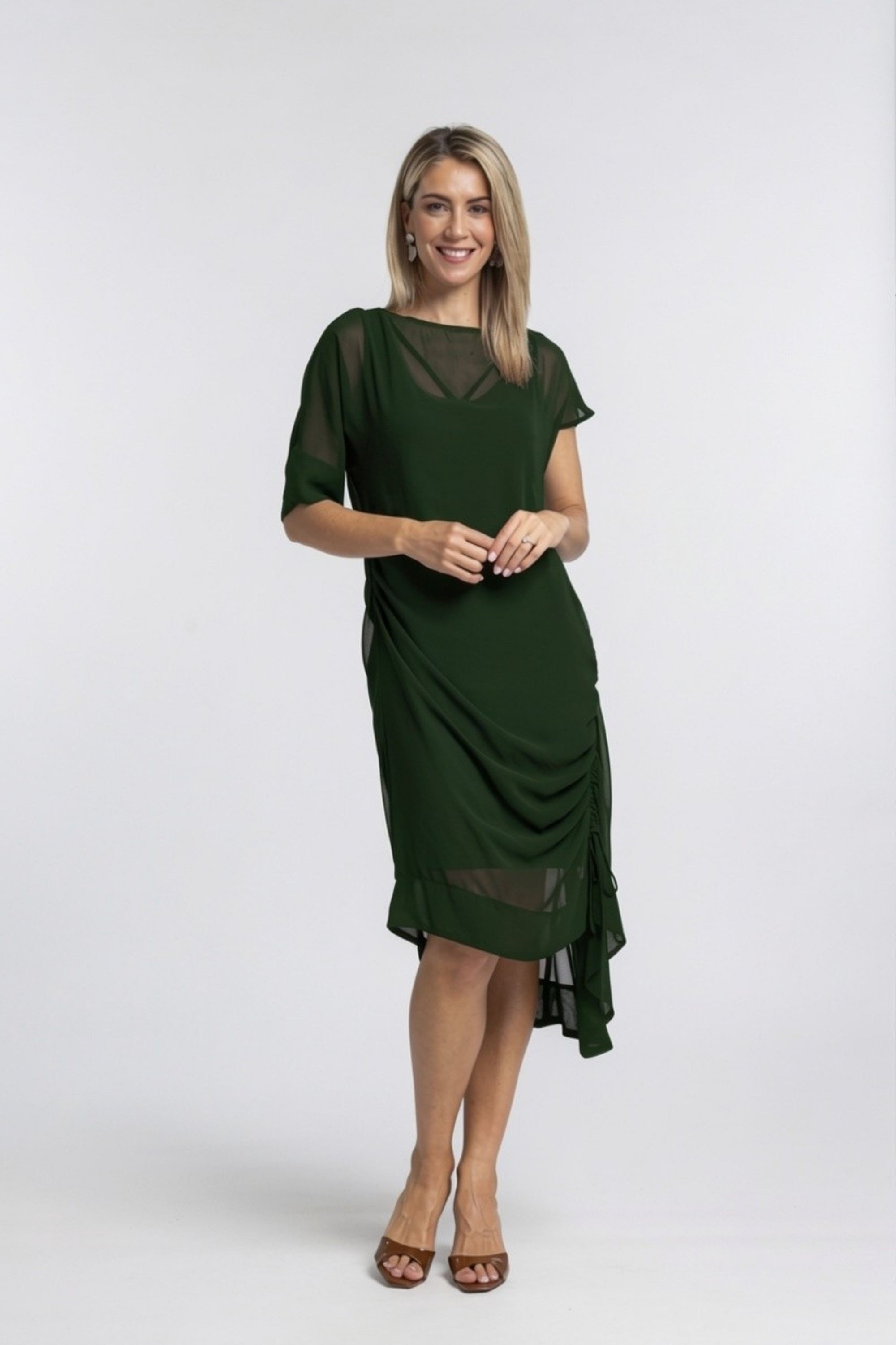 The NES Em Dress – an asymmetrical chiffon dress with ruching and adjustable drawcord. Bold, floaty and NZ made.