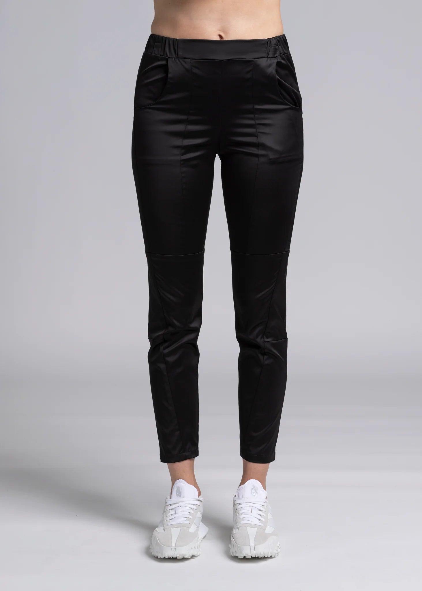 The NES Satin Section Black Pant – a stretch satin pant with elastic waist and panel detail. Elegant, versatile and NZ made.