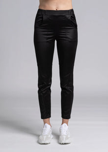 The NES Satin Section Black Pant – a stretch satin pant with elastic waist and panel detail. Elegant, versatile and NZ made.