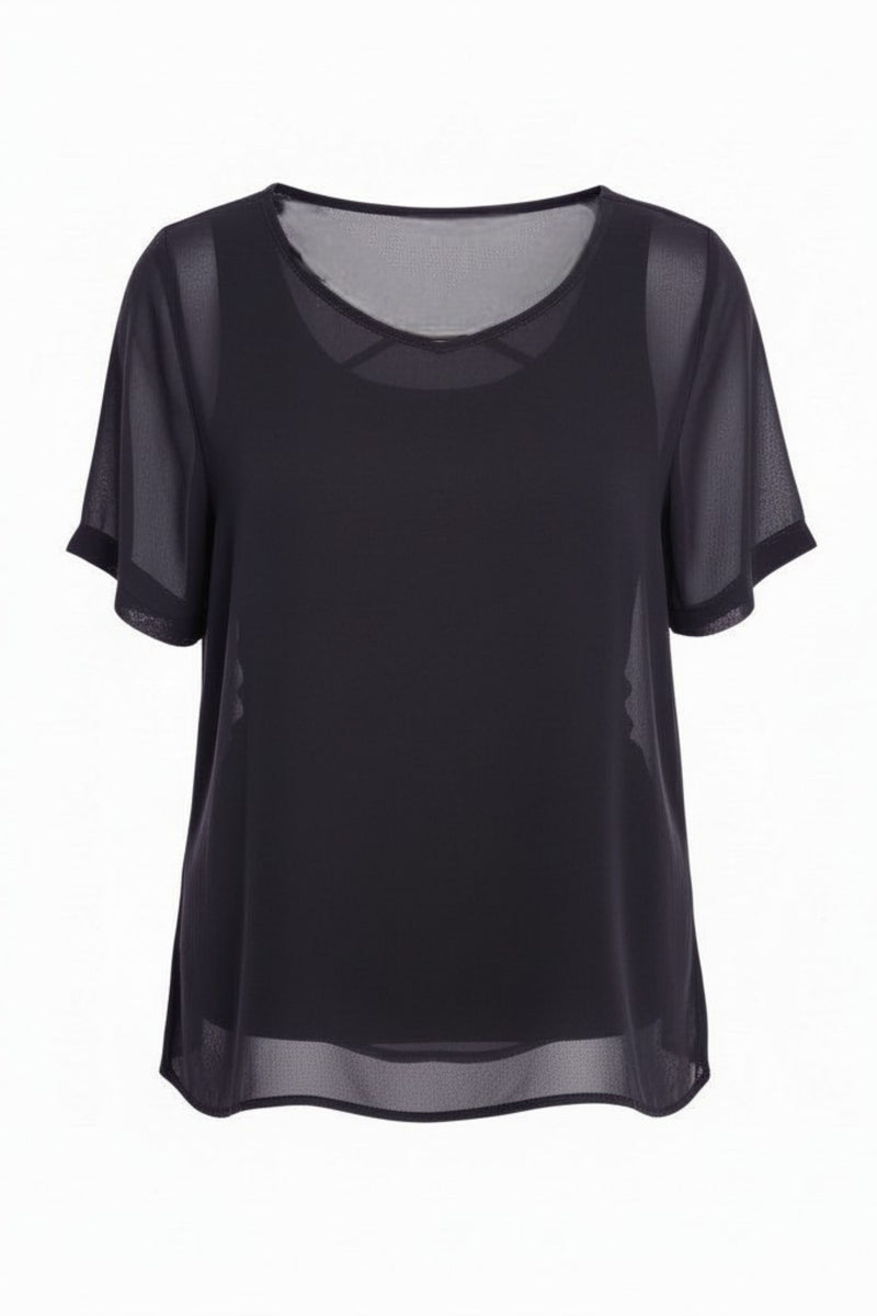 The N-E-S Charlie Top – a lightweight chiffon tee with relaxed fit, sheer layering and travel-friendly fabric. Designed and made in NZ.
