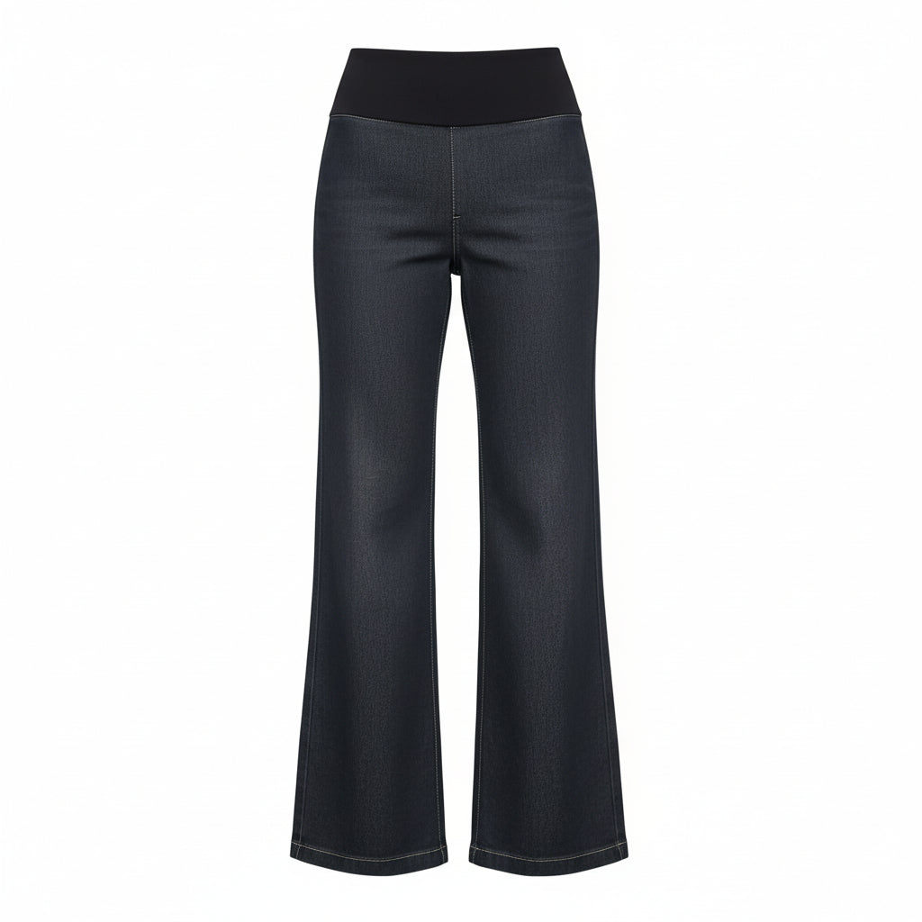 NES DollyB Denim Pants by N-E-S – a wide-leg stretch denim pant with fold-down rib waistband and contrast stitching. Available in blue or black denim. NZ made.