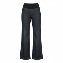 NES DollyB Denim Pants by N-E-S – a wide-leg stretch denim pant with fold-down rib waistband and contrast stitching. Available in blue or black denim. NZ made.
