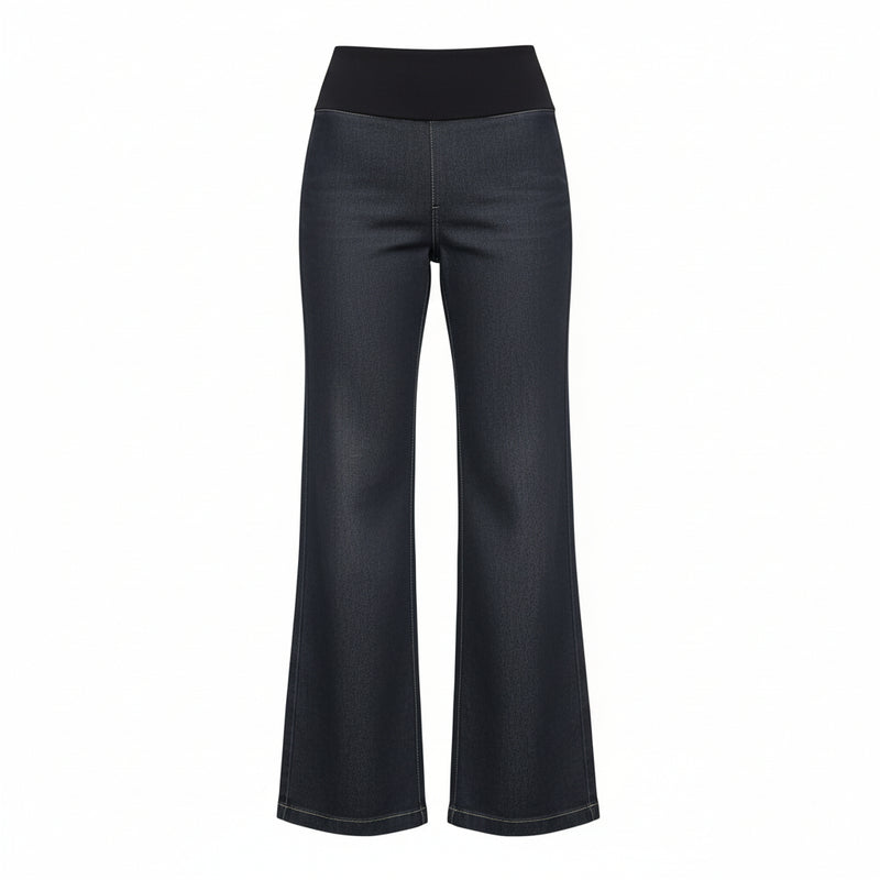 NES DollyB Denim Pants by N-E-S – a wide-leg stretch denim pant with fold-down rib waistband and contrast stitching. Available in blue or black denim. NZ made.