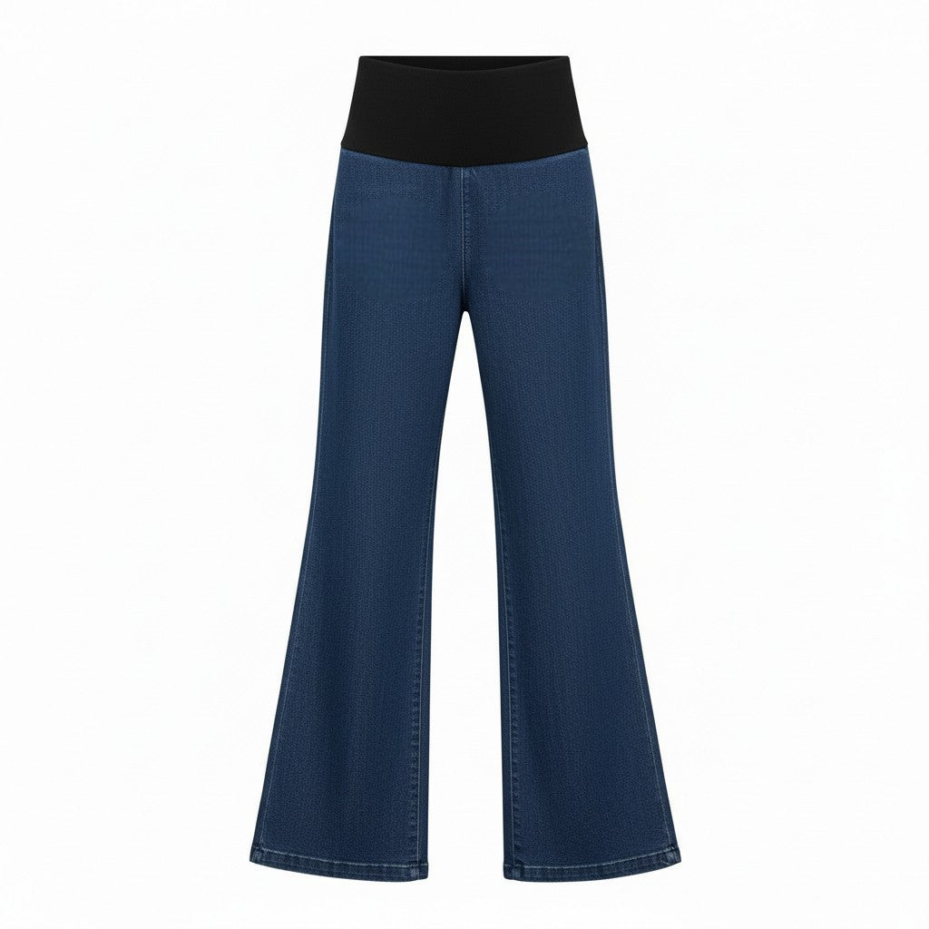 NES DollyB Denim Pants by N-E-S – a wide-leg stretch denim pant with fold-down rib waistband and contrast stitching. Available in blue or black denim. NZ made.