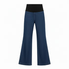 NES DollyB Denim Pants by N-E-S – a wide-leg stretch denim pant with fold-down rib waistband and contrast stitching. Available in blue or black denim. NZ made.