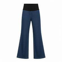 NES DollyB Denim Pants by N-E-S – a wide-leg stretch denim pant with fold-down rib waistband and contrast stitching. Available in blue or black denim. NZ made.