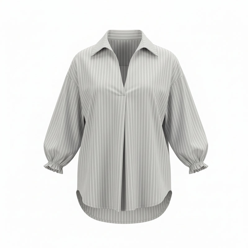 The NES Fara Shirt – a feminine shirt with shirred sleeves, V-neck and back detail. Lightweight, versatile and NZ made.