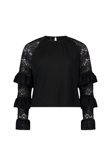 NES Luxa Top by N-E-S – a black merino long sleeve with ruffled lace dolman sleeves, subtle gathers and keyhole back. Sculptural, modern and NZ made.