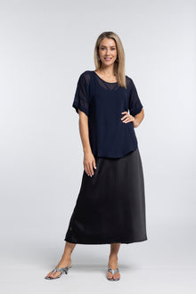 The NES Muse Satin Skirt – a full-length hammered satin skirt with bias cut, elasticated waist and soft high-low hem. Elegant and easy. NZ made.