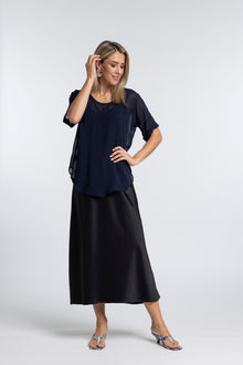 The NES Muse Satin Skirt – a full-length hammered satin skirt with bias cut, elasticated waist and soft high-low hem. Elegant and easy. NZ made.