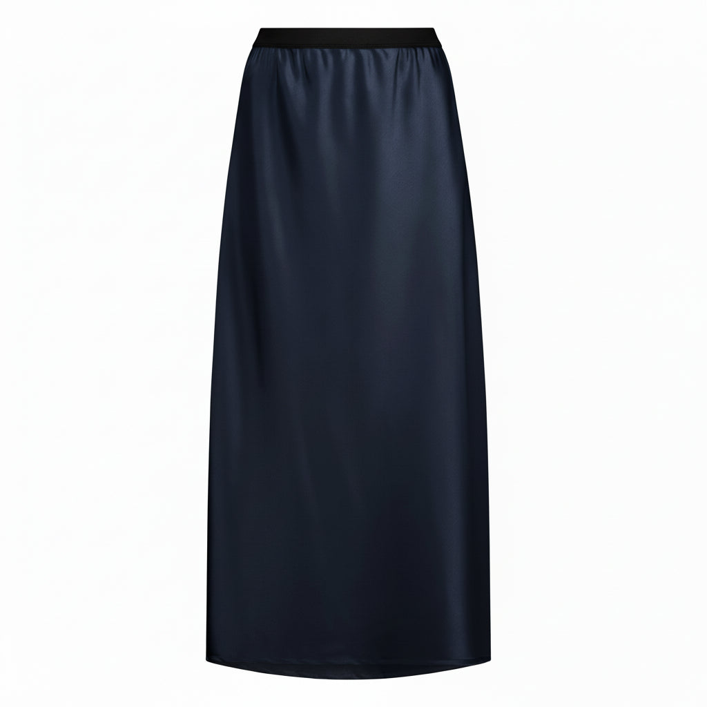 The NES Muse Satin Skirt – a full-length hammered satin skirt with bias cut, elasticated waist and soft high-low hem. Elegant and easy. NZ made.