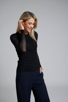 The NES Rumour Top by N-E-S – a sheer long-sleeve mesh top with front rouching and double-layered front. Sculpted, modern and NZ made.