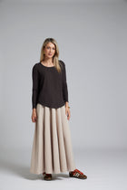 The NES Sable Top by N-E-S – a floaty georgette long sleeve top with scoop neck, curved hem and layering options. NZ made.