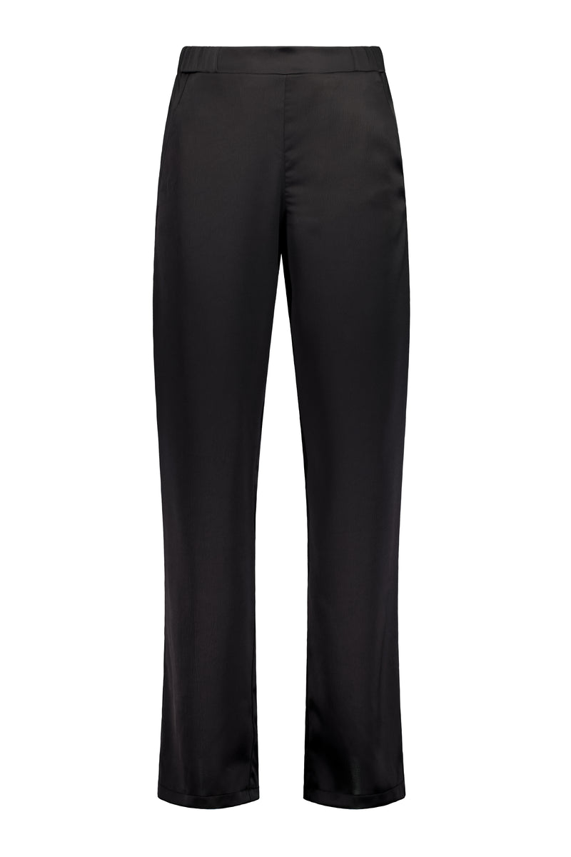 The NES Gin Satin Pant – a straight leg hammered satin pant with flat front, elastic back and fluid drape. Available in Black and Ink. NZ made.