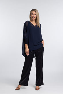 The NES Gin Satin Pant – a straight leg hammered satin pant with flat front, elastic back and fluid drape. Available in Black and Ink. NZ made.