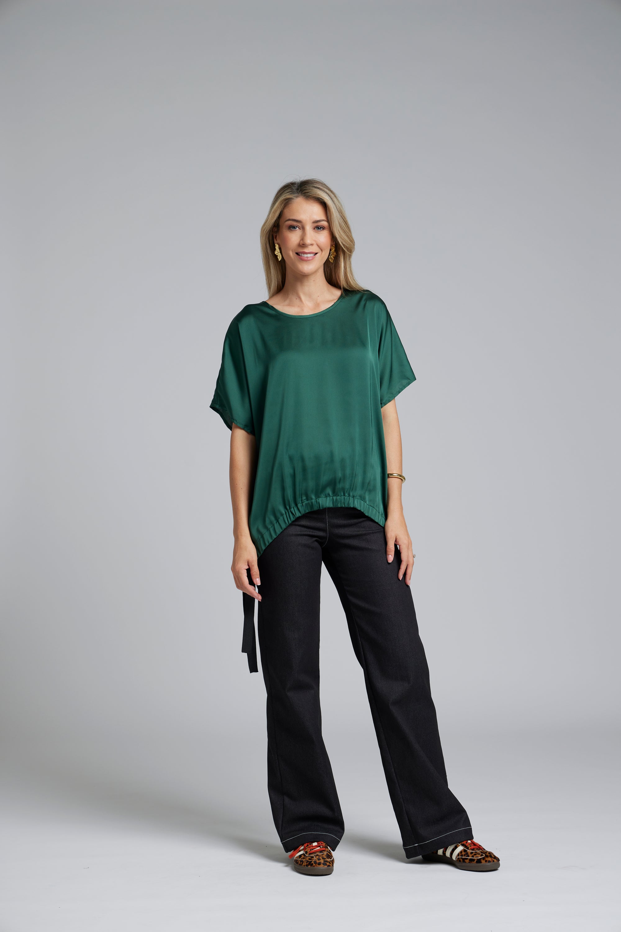 The NES Vanotti Tunic by N-E-S. A floaty scoop-neck tunic in viscose georgette or satin. Wear loose or drawn in. Sizes XS/S, SM, ML. NZ made.