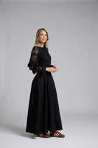 The NES Zadie Skirt by N-E-S – a full length ponte skirt with outward pleats, elastic back insert and clean modern fit. NZ made in Black or Latte.