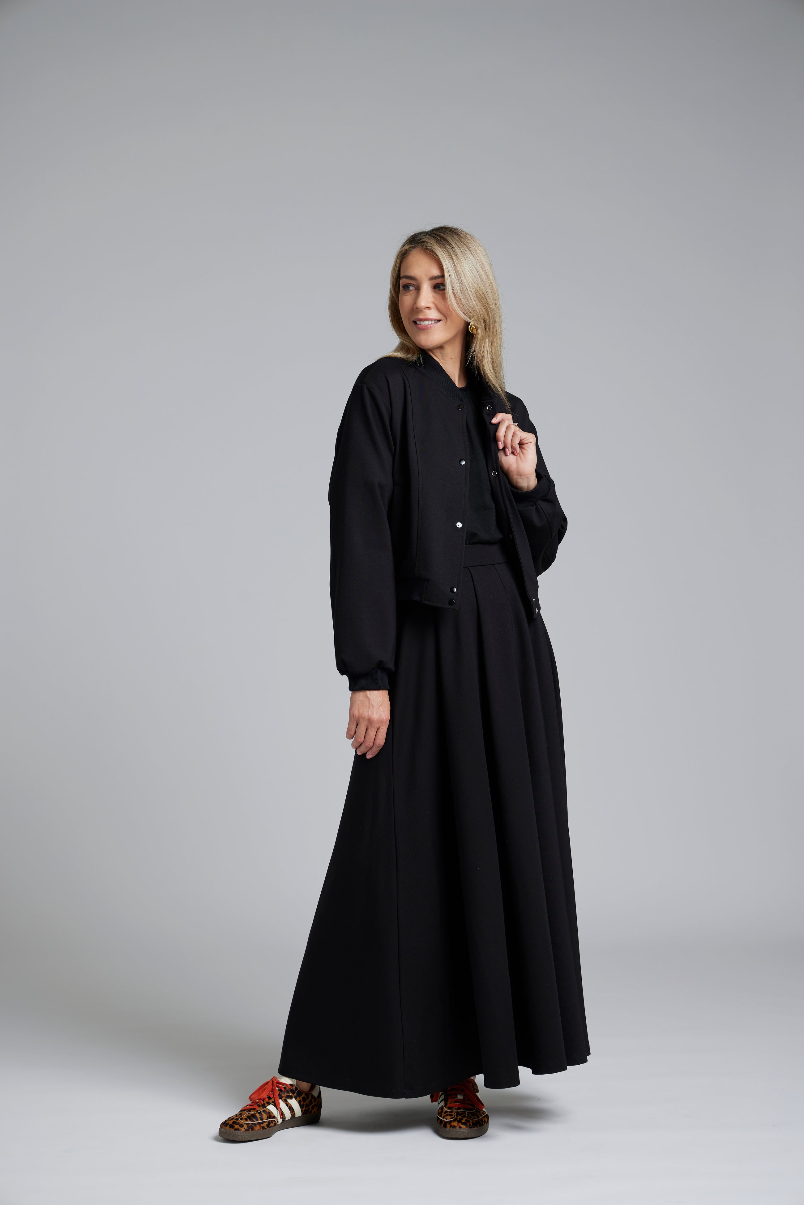The NES Zadie Skirt by N-E-S – a full length ponte skirt with outward pleats, elastic back insert and clean modern fit. NZ made in Black or Latte.