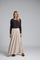 The NES Zadie Skirt by N-E-S – a full length ponte skirt with outward pleats, elastic back insert and clean modern fit. NZ made in Black or Latte.