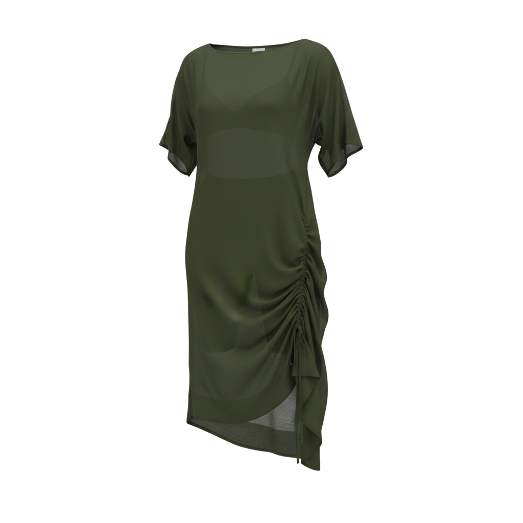 The NES Em Dress – an asymmetrical chiffon dress with ruching and adjustable drawcord. Bold, floaty and NZ made.