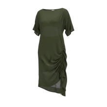 The NES Em Dress – an asymmetrical chiffon dress with ruching and adjustable drawcord. Bold, floaty and NZ made.