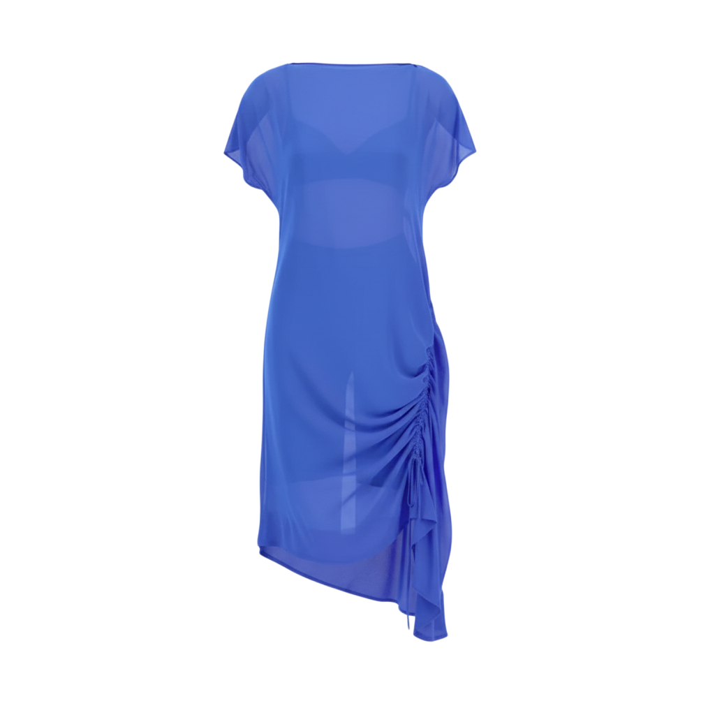 The NES Em Dress – an asymmetrical chiffon dress with ruching and adjustable drawcord. Bold, floaty and NZ made.
