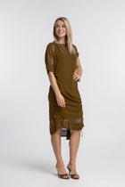 The NES Em Dress – an asymmetrical chiffon dress with ruching and adjustable drawcord. Bold, floaty and NZ made.