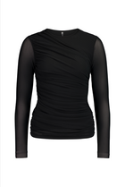 The NES Rumour Top by N-E-S – a sheer long-sleeve mesh top with front rouching and double-layered front. Sculpted, modern and NZ made.