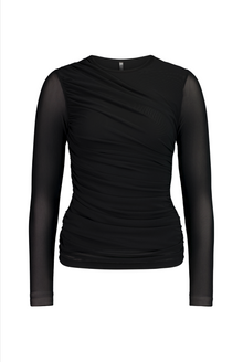 The NES Rumour Top by N-E-S – a sheer long-sleeve mesh top with front rouching and double-layered front. Sculpted, modern and NZ made.