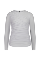 The NES Rumour Top by N-E-S – a sheer long-sleeve mesh top with front rouching and double-layered front. Sculpted, modern and NZ made.