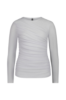 The NES Rumour Top by N-E-S – a sheer long-sleeve mesh top with front rouching and double-layered front. Sculpted, modern and NZ made.