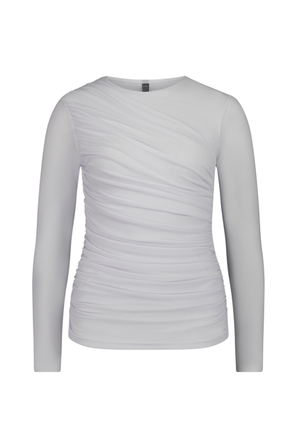 The NES Rumour Top by N-E-S – a sheer long-sleeve mesh top with front rouching and double-layered front. Sculpted, modern and NZ made.