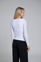 The NES Rumour Top by N-E-S – a sheer long-sleeve mesh top with front rouching and double-layered front. Sculpted, modern and NZ made.