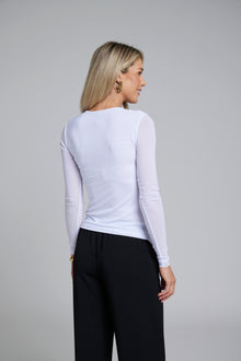 The NES Rumour Top by N-E-S – a sheer long-sleeve mesh top with front rouching and double-layered front. Sculpted, modern and NZ made.