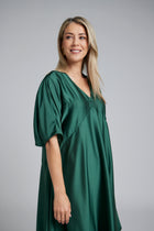 The NES Remi Satin Dress by N-E-S. A floaty chiffon maxi with kimono sleeves, V neckline and soft movement. Made in NZ.