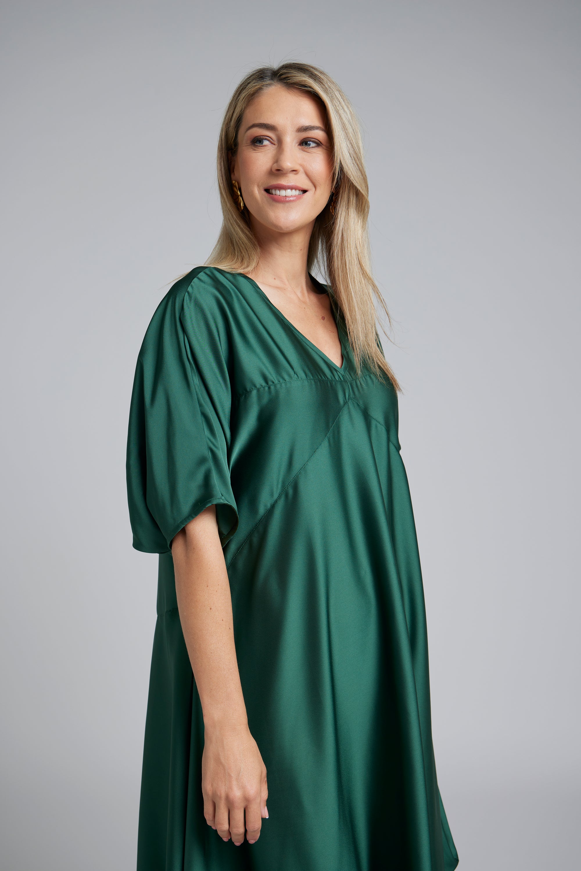The NES Remi Satin Dress by N-E-S. A floaty chiffon maxi with kimono sleeves, V neckline and soft movement. Made in NZ.