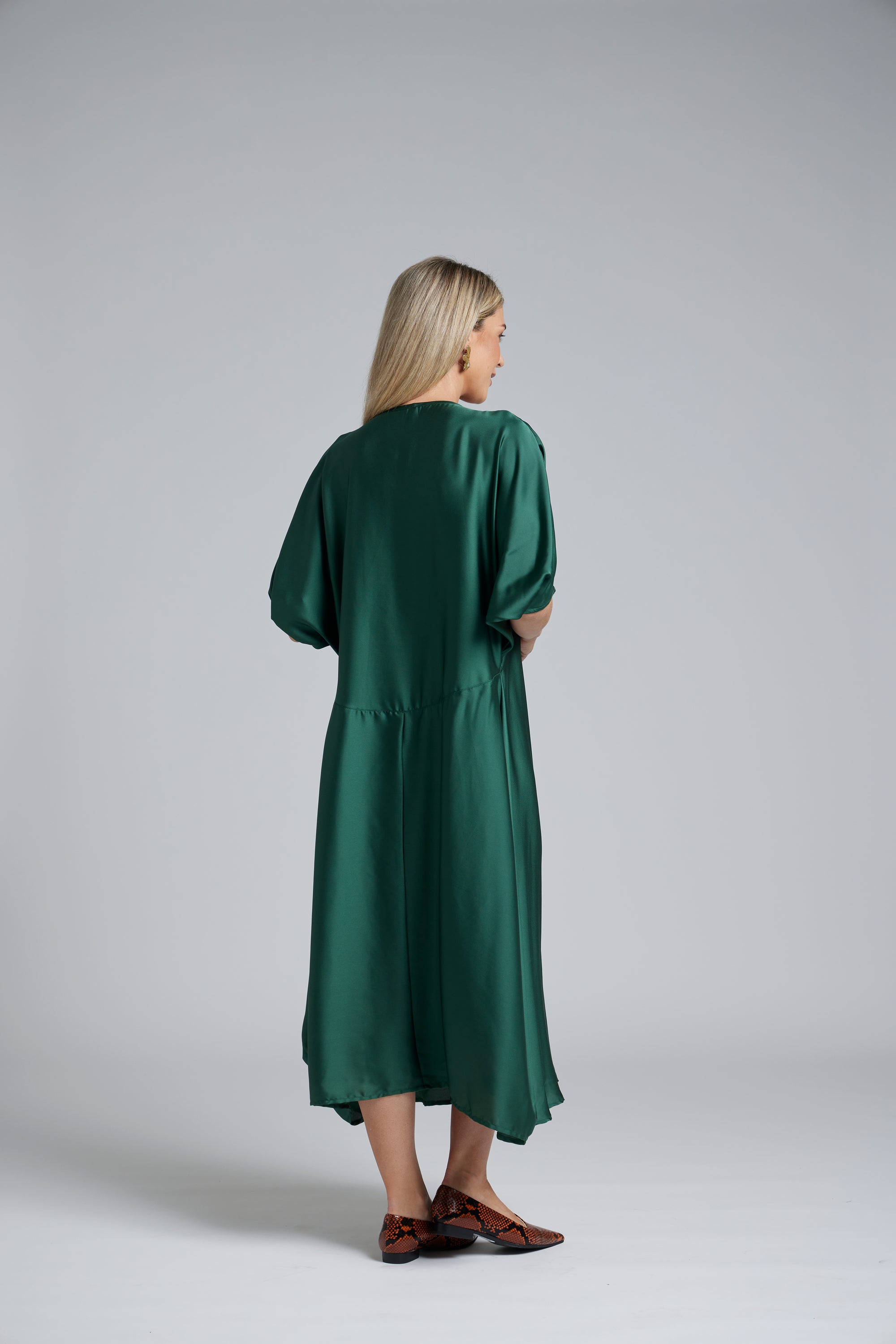The NES Remi Satin Dress by N-E-S. A floaty chiffon maxi with kimono sleeves, V neckline and soft movement. Made in NZ.