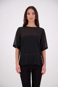 The Nes Zoe Top is a semi-sheer, stylish floaty relaxed t-shirt style top perfect for the warmer seasons. Wear The Zoe Top alone, or layer over dresses, or over your favourite bottoms.

Features: Curved front neckline and V back neck (can be reversed), even hem line, side splits

Composition: Poly Chiffon