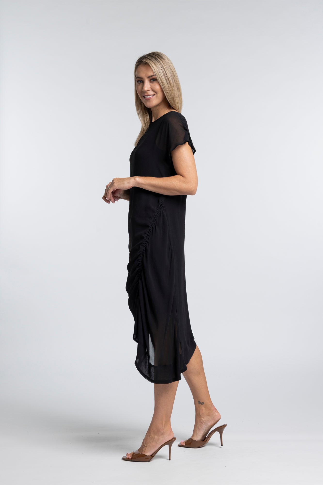 The NES Em Dress – an asymmetrical chiffon dress with ruching and adjustable drawcord. Bold, floaty and NZ made.