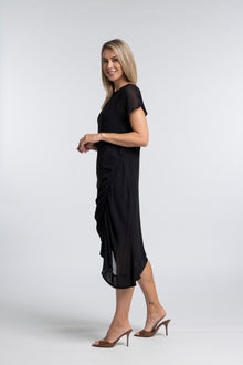 The NES Em Dress – an asymmetrical chiffon dress with ruching and adjustable drawcord. Bold, floaty and NZ made.