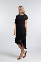 The NES Em Dress – an asymmetrical chiffon dress with ruching and adjustable drawcord. Bold, floaty and NZ made.